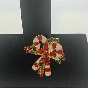 Festive Candy Cane Brooch - Red, Green, Gold. Vintage